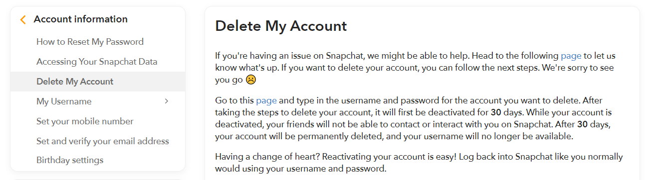 snapchat-Delete My account